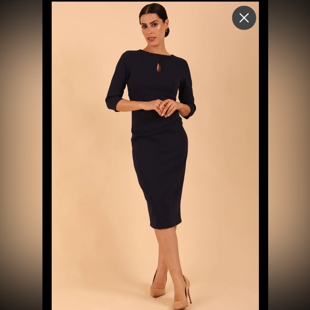 NWT DIVA CATWALK UBRIQUE KEYHOLE PENCIL DRESS Navy Blue Size UK Small